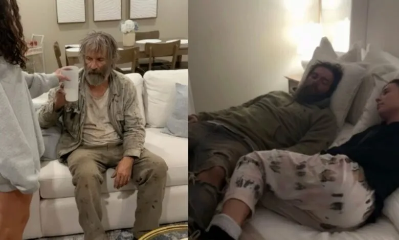 Split image showing a person in dirty clothes being offered a drink and two people sleeping in bed.