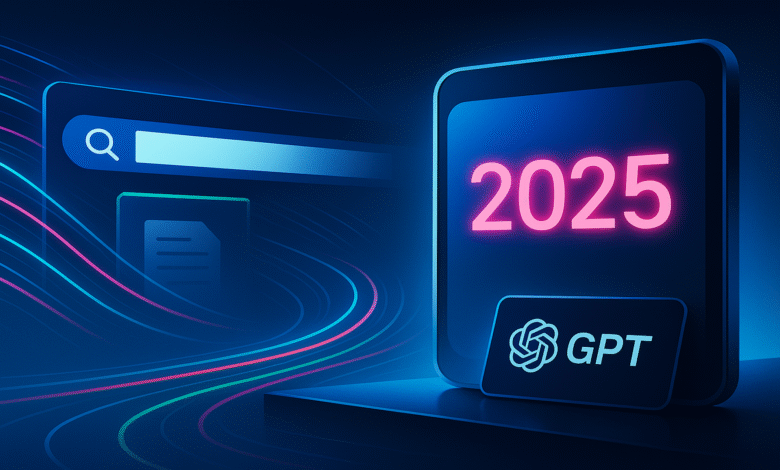 Digital interface showing a search bar and the year 2025 with GPT logo.