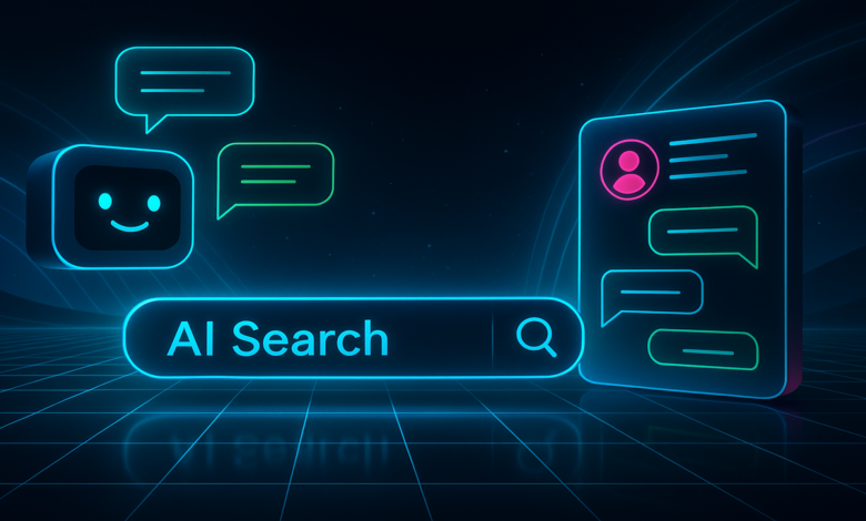 Futuristic AI search interface with chatbot and messaging icons.