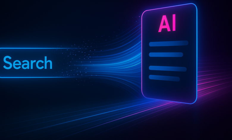 Glowing blue search bar next to a document icon labeled AI with neon light effects.