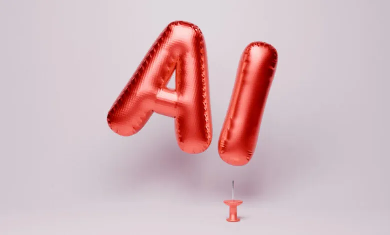 Red foil balloons spelling 'AI' floating above a pink thumbtack.