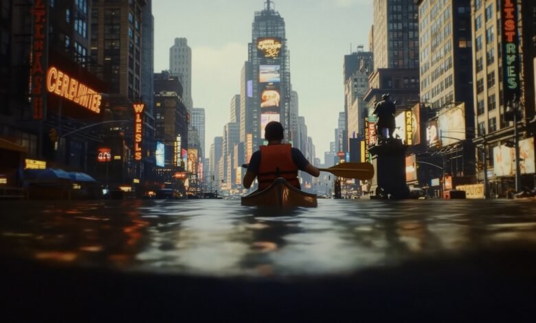 Person in a canoe paddles through flooded city streets with neon signs.