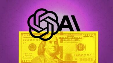OpenAI logo superimposed on a US $100 bill against a purple background.