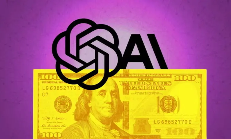 OpenAI logo superimposed on a US $100 bill against a purple background.