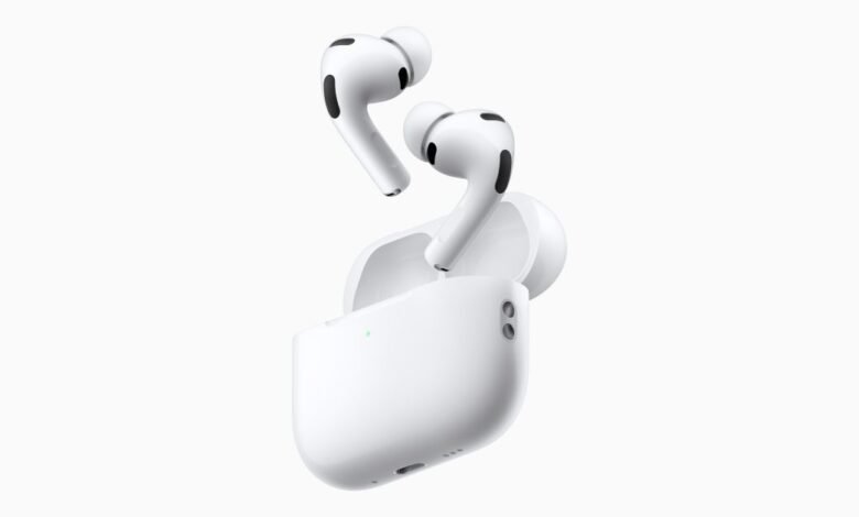 White Apple AirPods Pro with charging case against a white background.