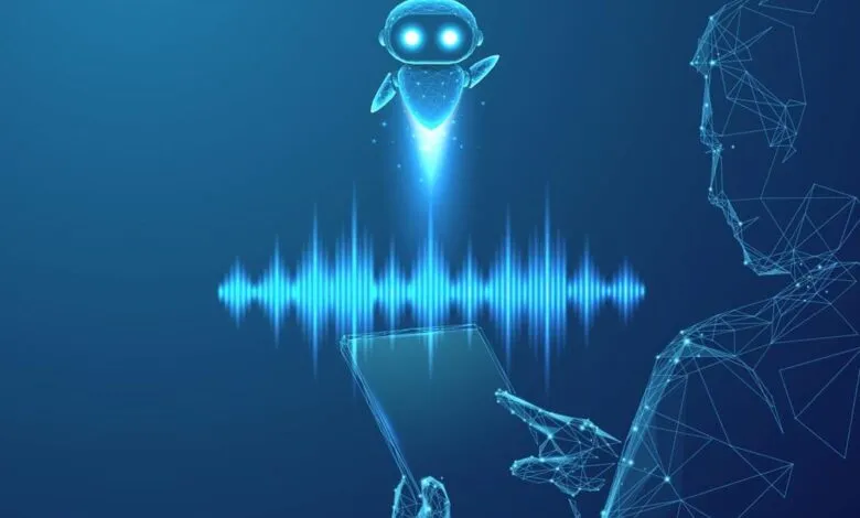 Digital assistant robot emerging from a smartphone with sound waves.