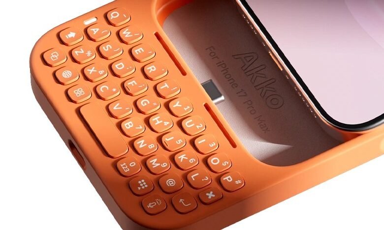 Close-up of an orange iPhone case with a built-in QWERTY keyboard.