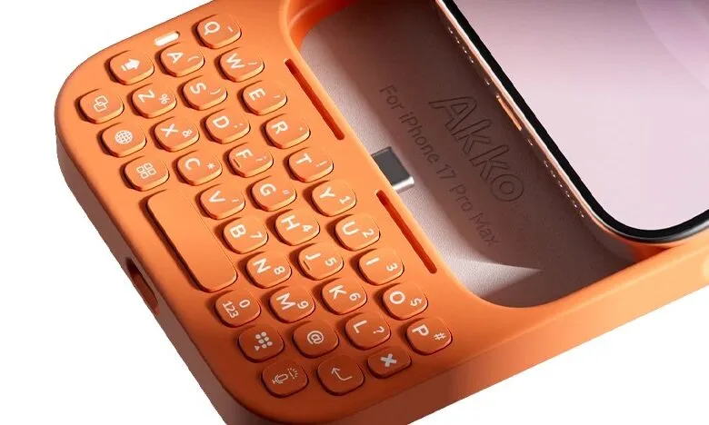 Close-up of an orange iPhone case with a built-in QWERTY keyboard.