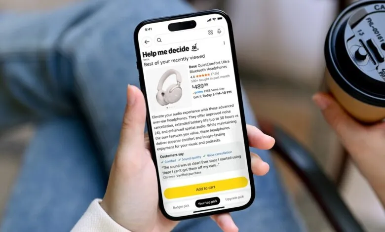 Person holding a smartphone displaying the Amazon product page for Bose QuietComfort Ultra headphones.
