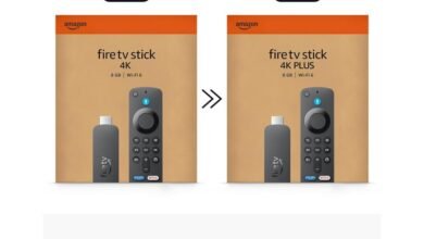 Comparison of Amazon Fire TV Stick 4K and 4K Plus devices and remotes.