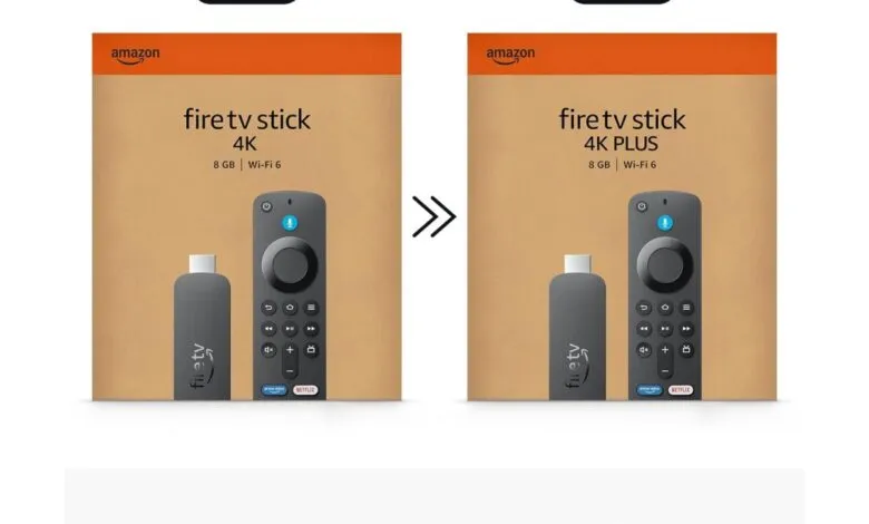 Comparison of Amazon Fire TV Stick 4K and 4K Plus devices and remotes.