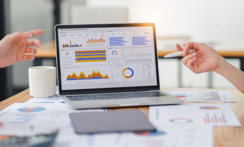 Close-up of a laptop displaying a sales opportunity dashboard with charts and graphs.