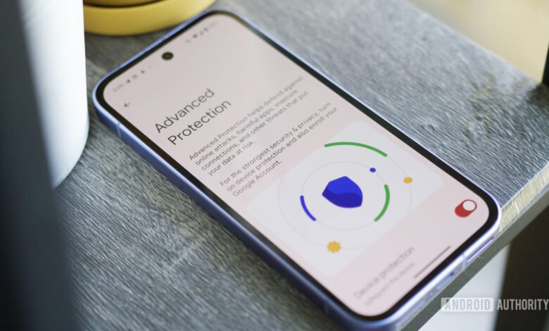 Smartphone screen displaying Google's Advanced Protection settings with a shield icon.