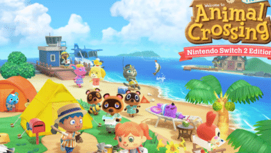 Animal Crossing characters enjoying a tropical island with tents, fishing, and a small airport.