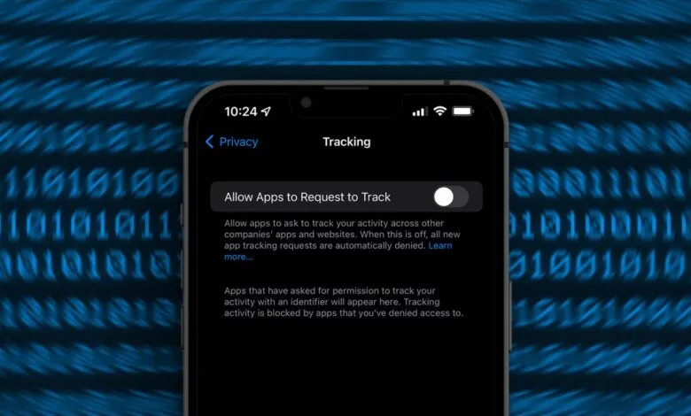 iPhone screen showing App Tracking Transparency settings with binary code background.