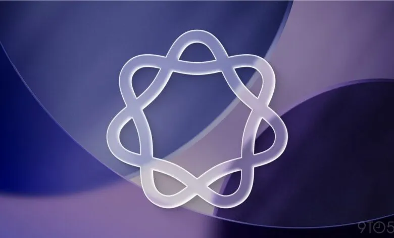 Abstract glowing white symbol with eight loops on a purple gradient background.