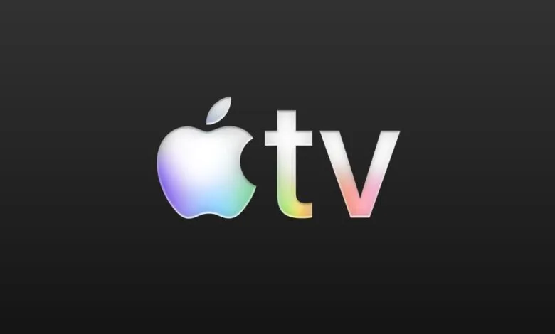 Apple TV logo with a gradient of rainbow colors on a dark background.