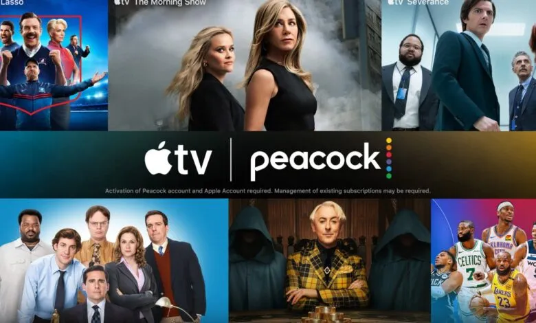 Collage of popular TV shows and sports players from Apple TV+ and Peacock.