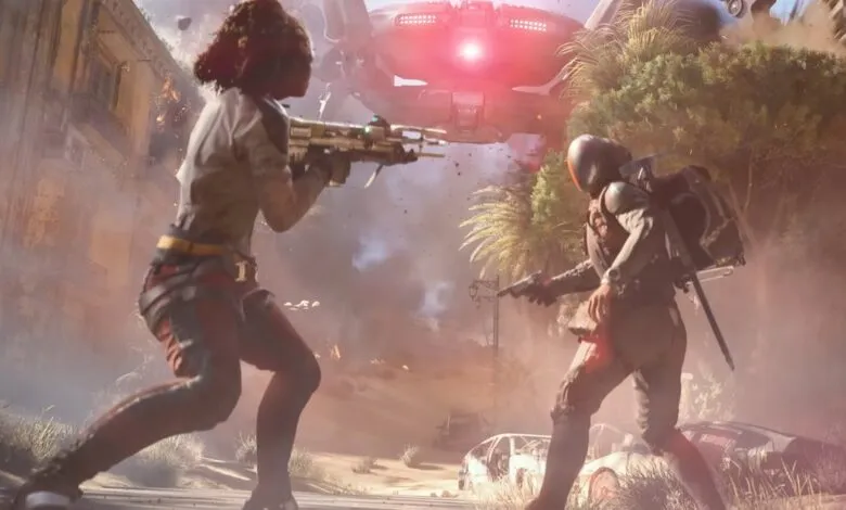 Two characters in tactical gear engage in combat with a futuristic aircraft overhead.