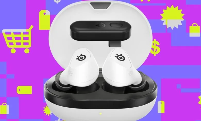 White SteelSeries Arctis Nova wireless earbuds in charging case with shopping icons.