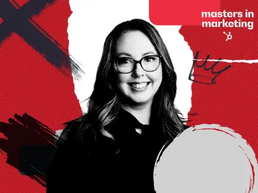 Portrait of a smiling woman with glasses against a red and white abstract background with marketing graphics.