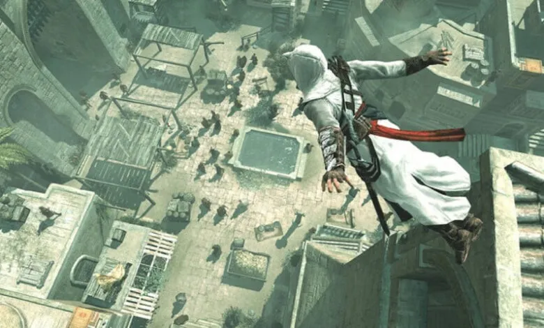 Assassin leaping from a rooftop over a bustling city square.