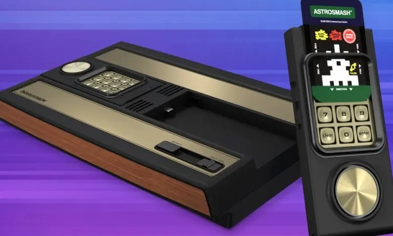 Intellivision video game console and controller with Astromash game displayed