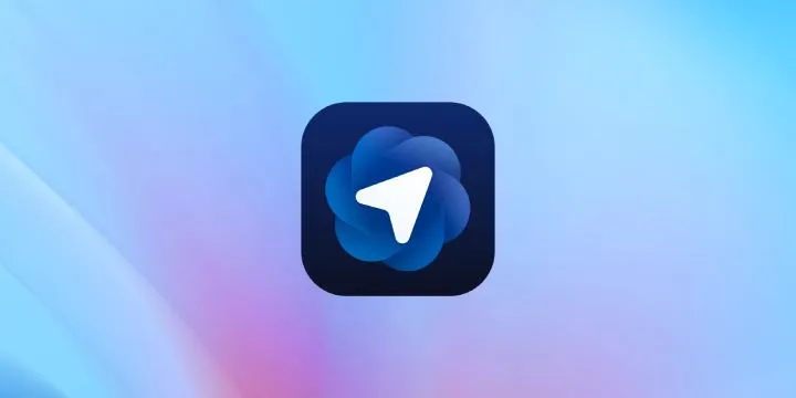 Dark blue app icon with a white navigation arrow on a gradient background.
