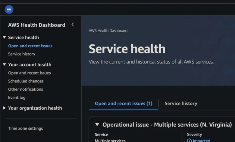 Screenshot of AWS Health Dashboard showing an operational issue impacting multiple services in N. Virginia.