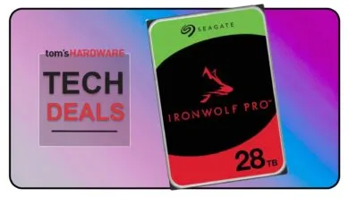 Seagate IronWolf Pro 28TB hard drive with Tom's Hardware Tech Deals logo