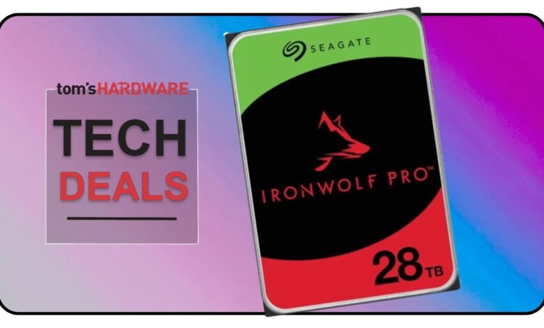 Seagate IronWolf Pro 28TB hard drive with Tom's Hardware Tech Deals logo