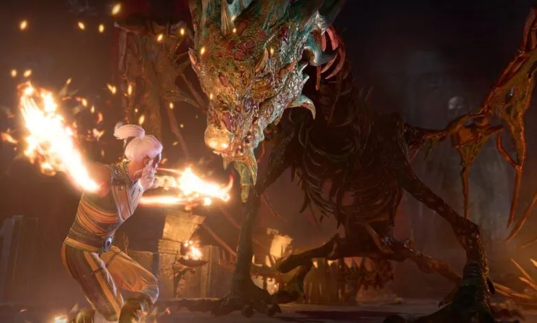 A warrior with white hair casts fire magic at a large, grotesque dragon in a dark, fiery cavern.