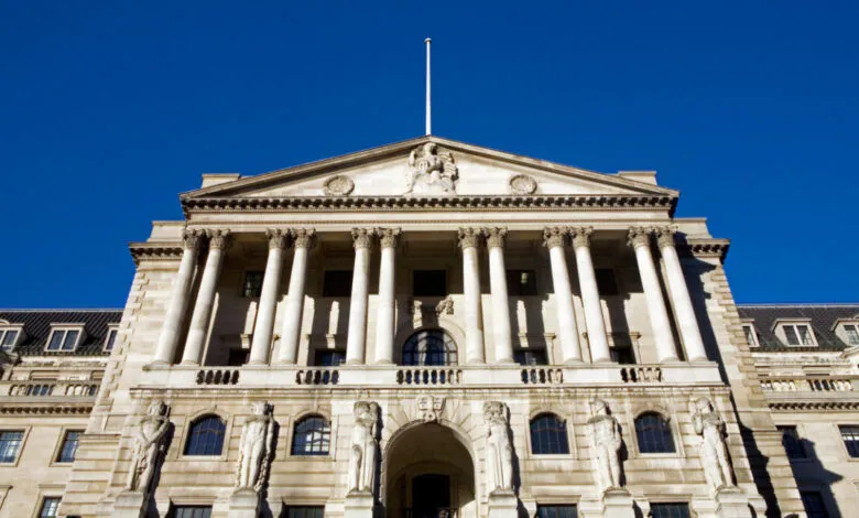 The imposing neoclassical facade of the Bank of England building in London.