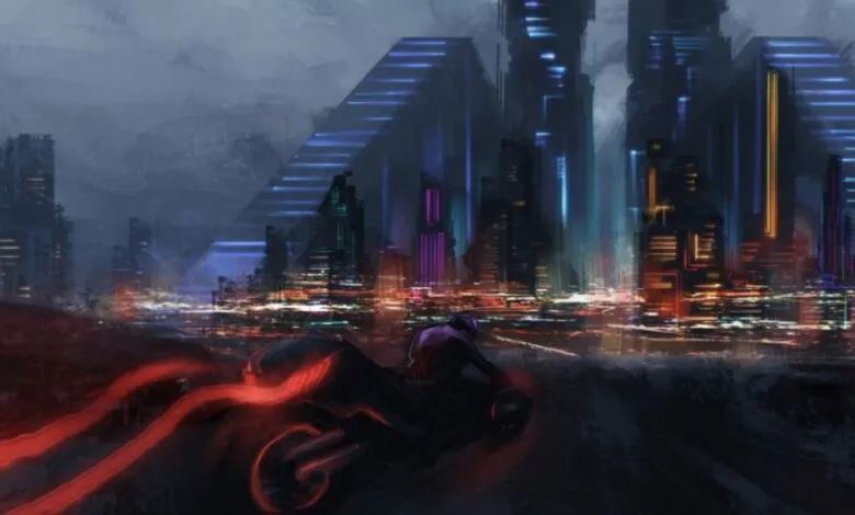 A futuristic motorcycle with glowing red trails speeds through a neon-lit cyberpunk city at night.