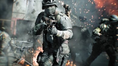 Soldier in tactical gear aiming a rifle amidst explosions and smoke.