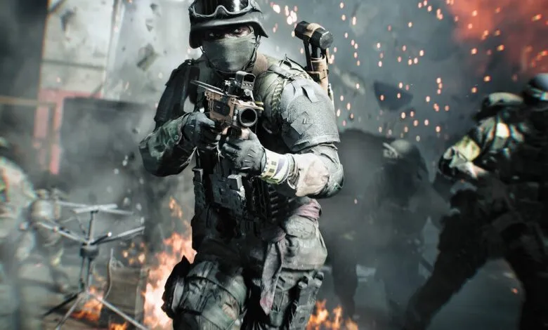 Soldier in tactical gear aiming a rifle amidst explosions and smoke.