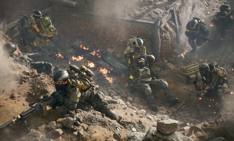 Soldiers in tactical gear in a trench during a battle, with smoke and fire.