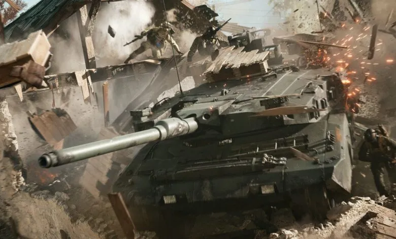 A military tank advances through a destroyed building, with soldiers in action and debris flying.