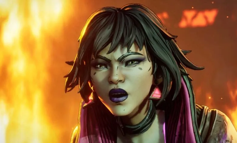 Close-up of a fierce female character with dark hair and purple lipstick, set against a fiery background.