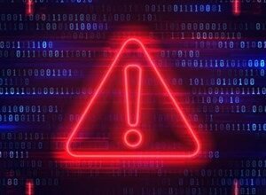 Red neon warning sign with an exclamation point against a backdrop of binary code.