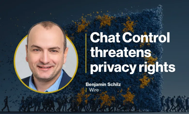 Portrait of Benjamin Schilz with text 'Chat Control threatens privacy rights' and a background of people.