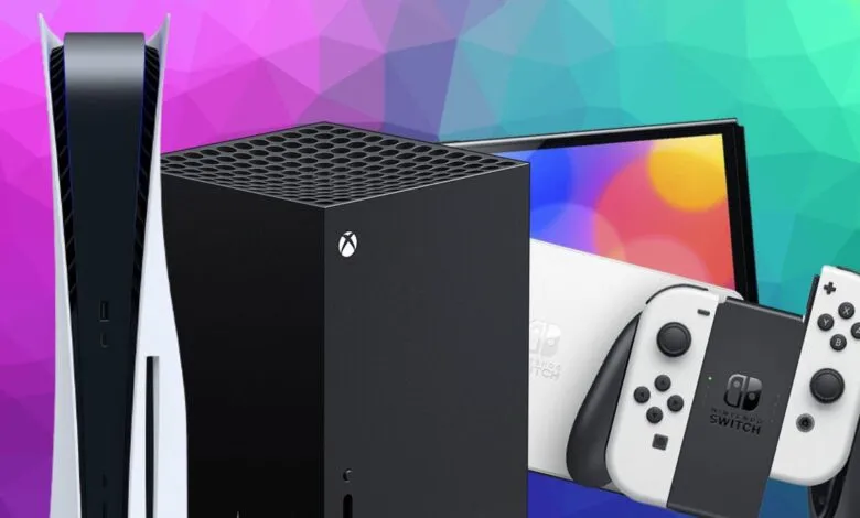 PlayStation 5, Xbox Series X, and Nintendo Switch consoles side-by-side.