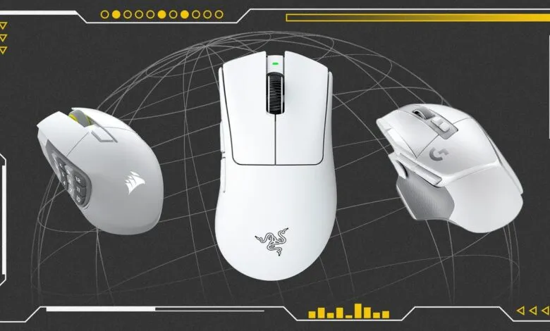 Three white gaming mice arranged on a dark background with graphic elements.