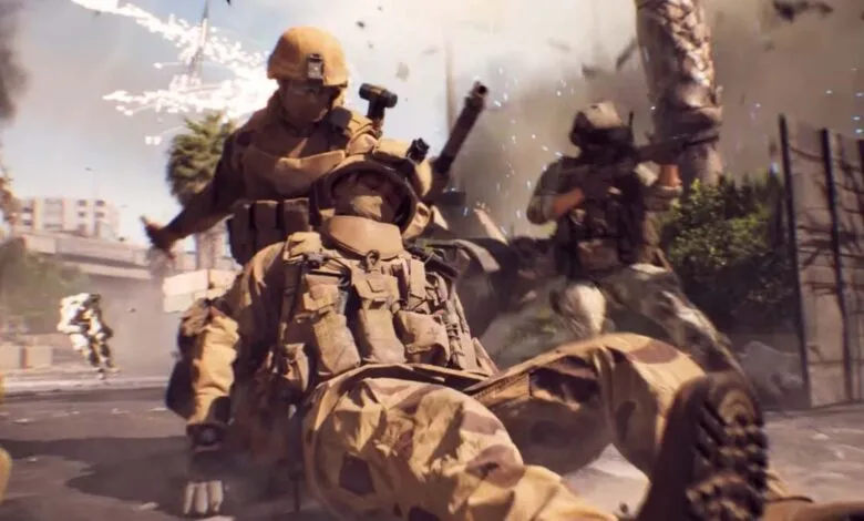 Soldiers in desert camouflage gear in combat, one assisting another.