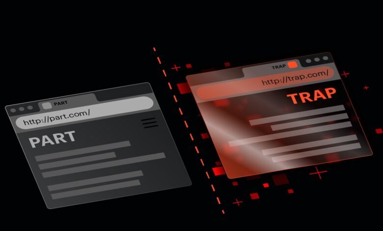 Two browser windows displayed, one labeled 'PART' and the other 'TRAP', against a dark background.