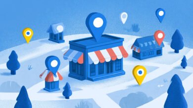 Isometric illustration of a map with various businesses and location pins.