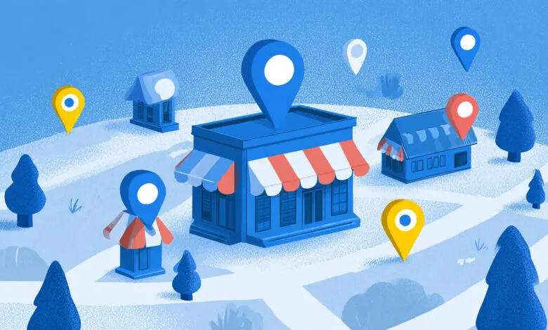 Isometric illustration of a map with various businesses and location pins.