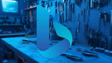 Bing logo overlayed on a workbench with tools in a workshop.