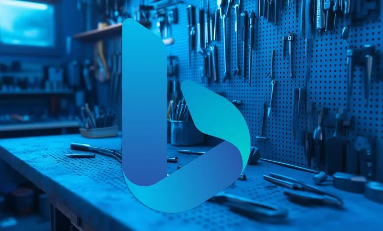 Bing logo overlayed on a workbench with tools in a workshop.
