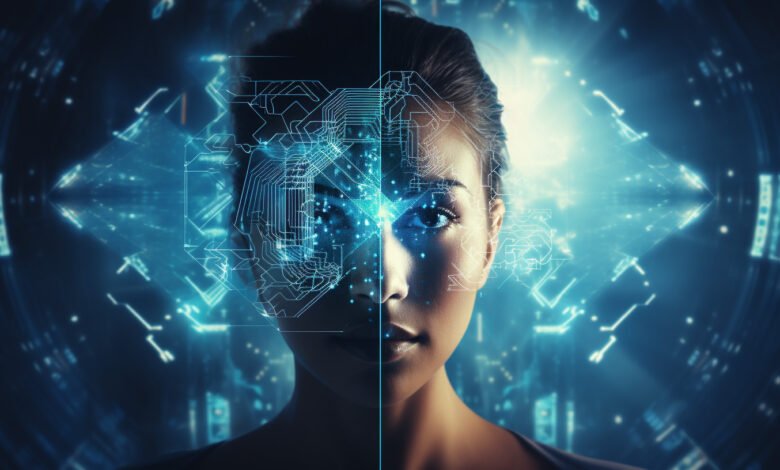 Close-up of a woman's face split between human and digital circuit patterns.